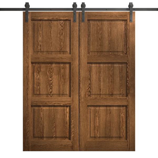 Modern Double Barn Door 36 x 80 inches | Ego 5010 Cognac Oak Veneer | 13FT Rail Track Set | Solid Panel Interior Doors