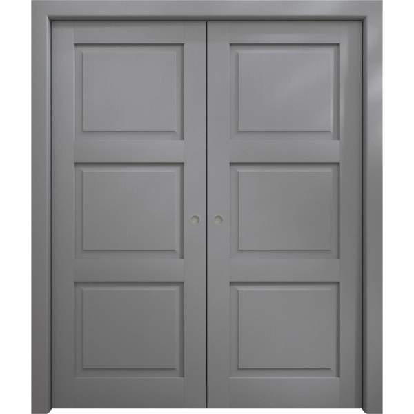 Sliding French Double Pocket Doors 36 x 80 inches | Ego 5010 Painted Grey Oak | Kit Rail Hardware | Solid Wood Interior Bedroom Modern Doors