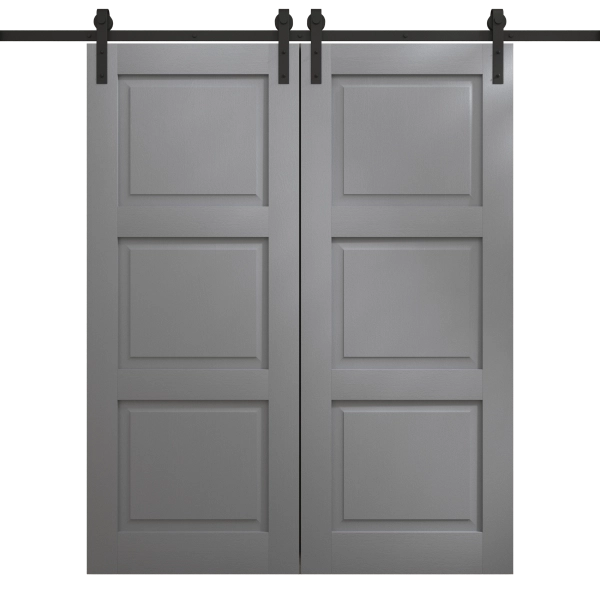 Modern Double Barn Door 36 x 80 inches | Ego 5010 Painted Grey Oak | 13FT Rail Track Set | Solid Panel Interior Doors