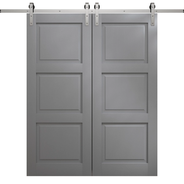 Modern Double Barn Door 36 x 80 inches | Ego 5010 Painted Grey Oak | 13FT Silver Rail Track Set | Solid Panel Interior Doors
