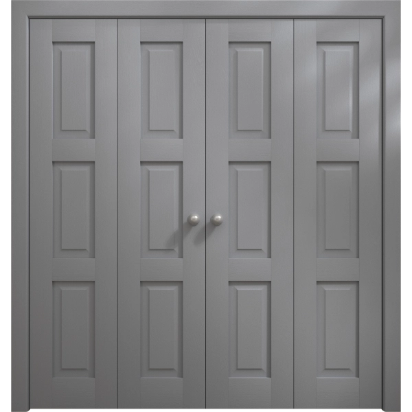 Sliding Closet Double Bi-fold Doors 72 x 80 inches | Ego 5010 Painted Grey Oak | Sturdy Tracks Moldings Trims Hardware Set | Wood Solid Bedroom Wardrobe Doors