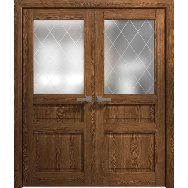 Interior Solid French Double Doors 36 x 80 inches | Ego 5011 Cognac Oak Veneer | Wood Interior Solid Panel Frame | Closet Bedroom Modern Doors