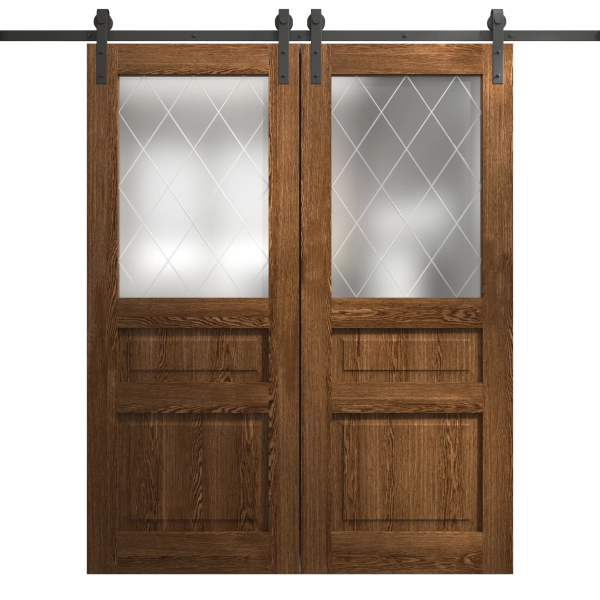 Modern Double Barn Door 36 x 80 inches | Ego 5011 Cognac Oak Veneer | 13FT Rail Track Set | Solid Panel Interior Doors