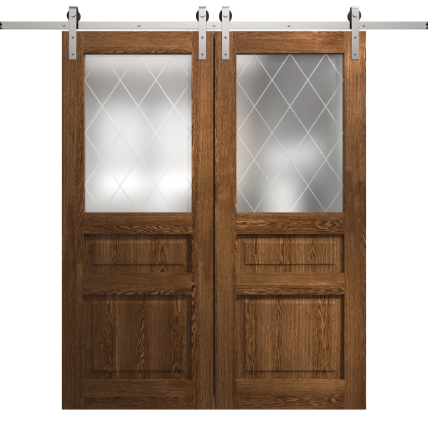Modern Double Barn Door 36 x 80 inches | Ego 5011 Cognac Oak Veneer | 13FT Silver Rail Track Set | Solid Panel Interior Doors