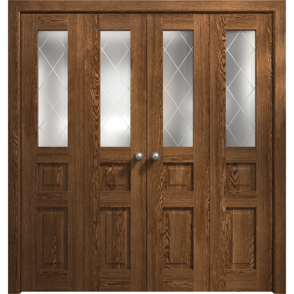 Sliding Closet Double Bi-fold Doors 72 x 80 inches | Ego 5011 Cognac Oak Veneer | Sturdy Tracks Moldings Trims Hardware Set | Wood Solid Bedroom Wardrobe Doors