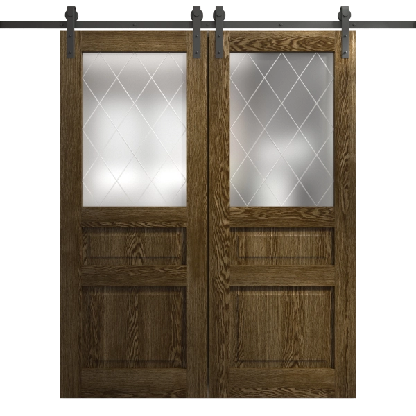 Modern Double Barn Door 36 x 80 inches | Ego 5011 Marble Oak | 13FT Rail Track Set | Solid Panel Interior Doors
