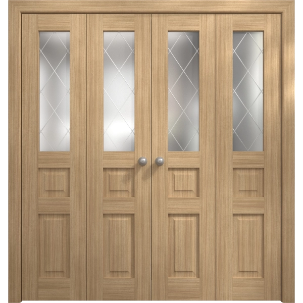 Sliding Closet Double Bi-fold Doors 72 x 80 inches | Ego 5011 Natural Oak | Sturdy Tracks Moldings Trims Hardware Set | Wood Solid Bedroom Wardrobe Doors