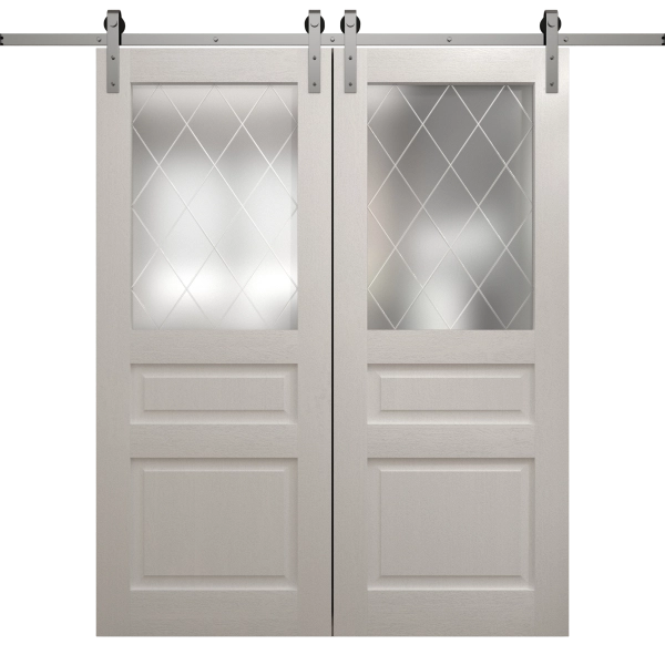 Modern Double Barn Door 36 x 80 inches | Ego 5011 Painted White Oak | 13FT Silver Rail Track Set | Solid Panel Interior Doors
