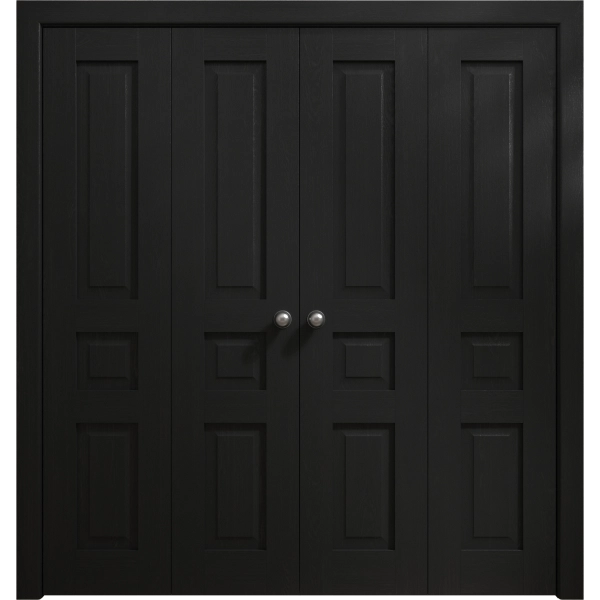 Sliding Closet Double Bi-fold Doors 72 x 80 inches | Ego 5012 Painted Black Oak | Sturdy Tracks Moldings Trims Hardware Set | Wood Solid Bedroom Wardrobe Doors