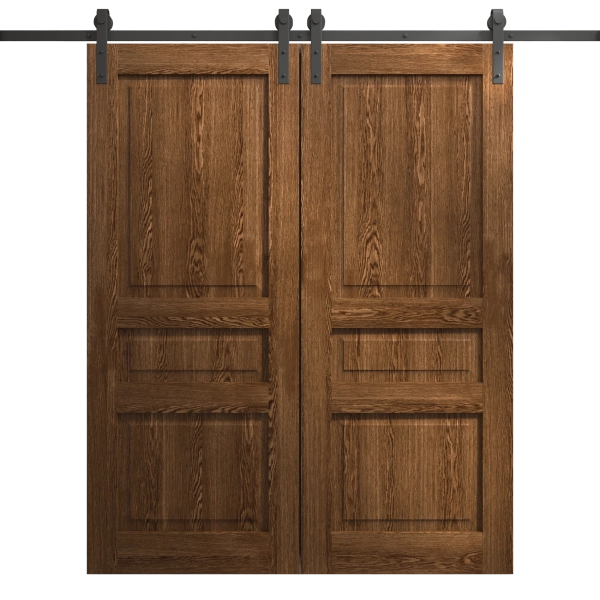 Modern Double Barn Door 36 x 80 inches | Ego 5012 Cognac Oak Veneer | 13FT Rail Track Set | Solid Panel Interior Doors