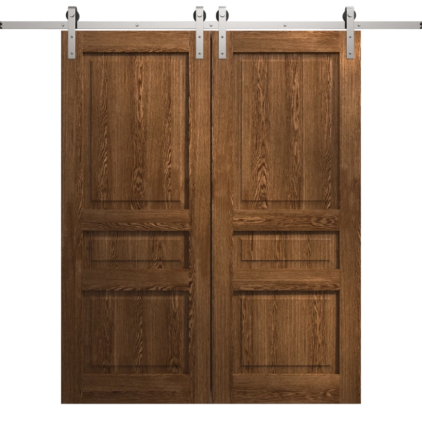 Modern Double Barn Door 36 x 80 inches | Ego 5012 Cognac Oak Veneer | 13FT Silver Rail Track Set | Solid Panel Interior Doors