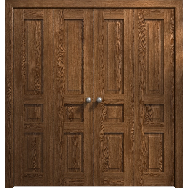 Sliding Closet Double Bi-fold Doors 72 x 80 inches | Ego 5012 Cognac Oak Veneer | Sturdy Tracks Moldings Trims Hardware Set | Wood Solid Bedroom Wardrobe Doors