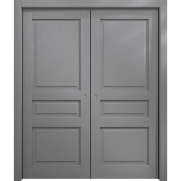 Sliding French Double Pocket Doors 36 x 80 inches | Ego 5012 Painted Grey Oak | Kit Rail Hardware | Solid Wood Interior Bedroom Modern Doors