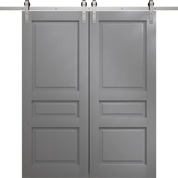 Modern Double Barn Door 36 x 80 inches | Ego 5012 Painted Grey Oak | 13FT Silver Rail Track Set | Solid Panel Interior Doors