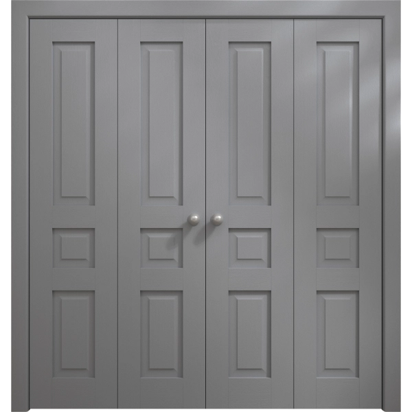 Sliding Closet Double Bi-fold Doors 72 x 80 inches | Ego 5012 Painted Grey Oak | Sturdy Tracks Moldings Trims Hardware Set | Wood Solid Bedroom Wardrobe Doors