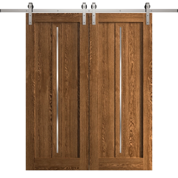 Modern Double Barn Door 36 x 80 inches | Ego 5014 Cognac Oak Veneer | 13FT Silver Rail Track Set | Solid Panel Interior Doors