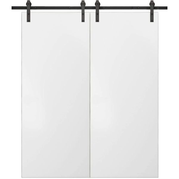 Planum 0010 Modern Interior Solid Wood Flush Closet Double Barn Doors White Silk with Track 13FT Rail Hardware Set