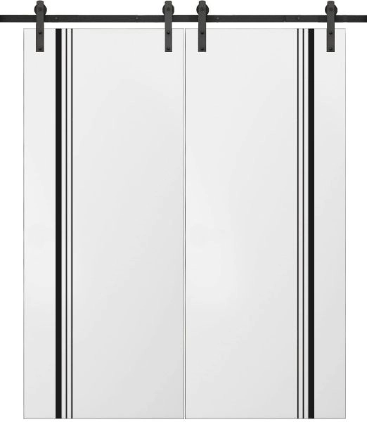 Sturdy Double Barn Door with Hardware | Planum 0011 White Silk and Aluminum Strips | 13FT Rail Hangers Heavy Set | Modern Solid Panel Interior Doors