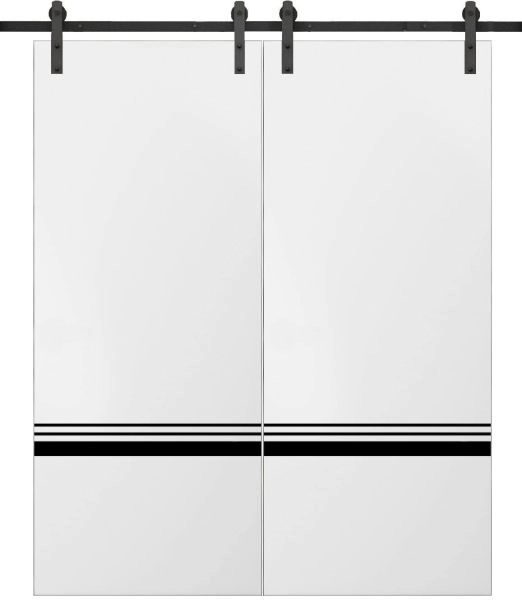 Sturdy Double Barn Door with Hardware | Planum 0012 White Silk and Aluminum Strips | 13FT Rail Hangers Heavy Set | Modern Solid Panel Interior Doors