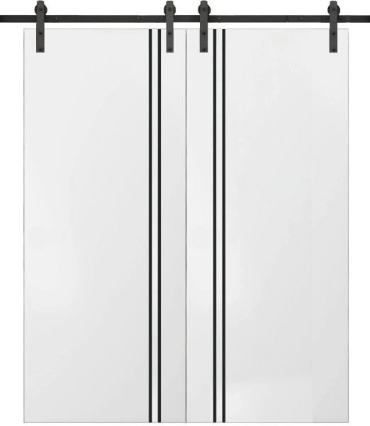 Sturdy Double Barn Door with Hardware | Planum 0016 White Silk and Aluminum Strips | 13FT Rail Hangers Heavy Set | Modern Solid Panel Interior Doors