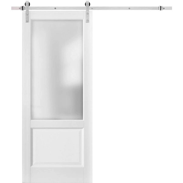 Sturdy Barn Door | Lucia 22 White Silk with Frosted Glass | Silver 6.6FT Rail Hangers Heavy Hardware Set | Solid Panel Interior Doors