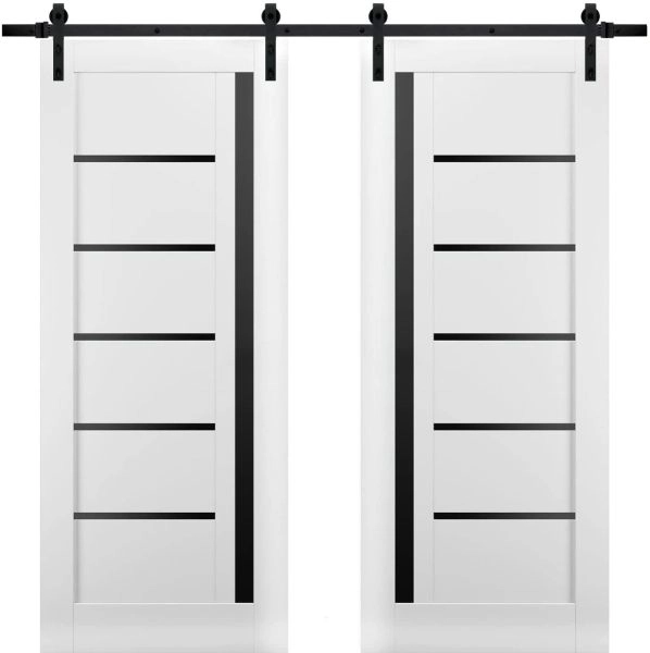 Sturdy Double Barn Door | Quadro 4588 White Silk with Black Glass | 13FT Rail Hangers Heavy Set | Solid Panel Interior Doors