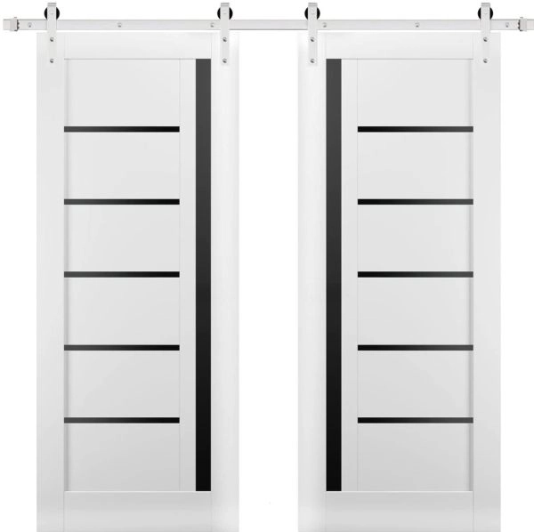 Sturdy Double Barn Door | Quadro 4588 White Silk with Black Glass | Silver 13FT Rail Hangers Heavy Set | Solid Panel Interior Doors
