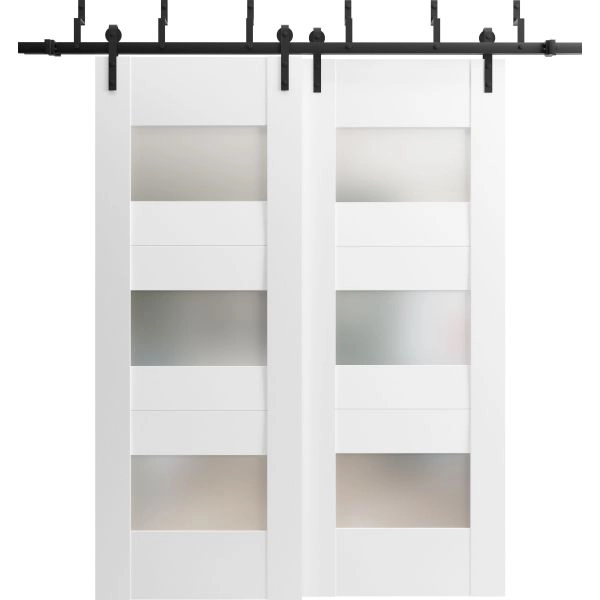 Sliding Closet Opaque Glass Barn Bypass Doors 36 x 80 inches / Sete 6003 White Silk / Modern 6.6ft Rails Hardware Set / Wood Solid Bedroom Wardrobe Doors 