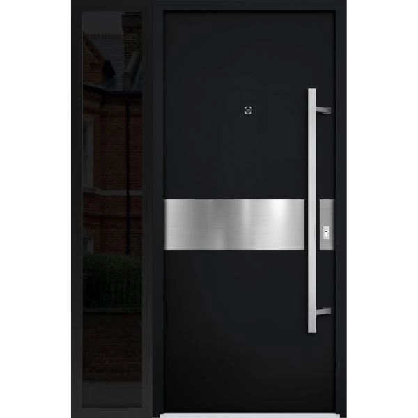 Front Exterior Prehung Steel Door / Deux 6072 Black Enamel / Sidelight Exterior Window Sidelite / Entry Metal Modern Painted W36+12" x H80" Left hand Inswing
