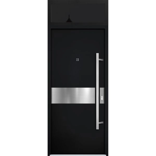Front Exterior Prehung Steel Door / Deux 6072 Black Enamel / Transom Window Sidelite / Entry Metal Modern Painted W36" x H80+16" Left hand Inswing