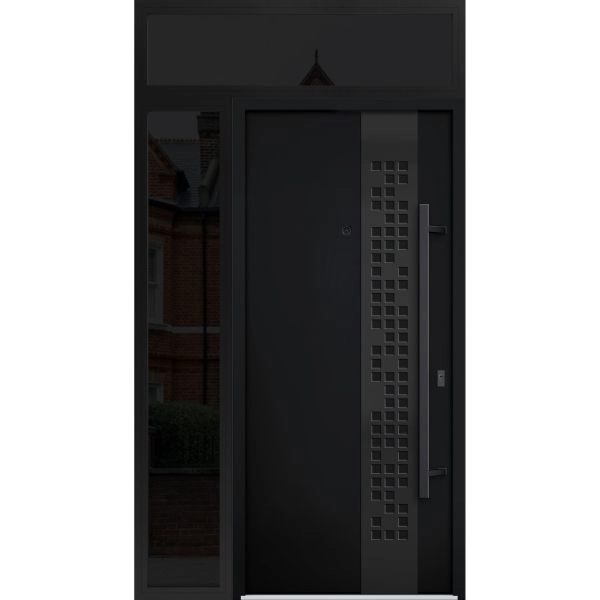 Front Exterior Prehung Steel Door / Deux 6078 Black Enamel / Sidelight and Transom Window Sidelite / Entry Metal Modern Painted W36+12" x H80+16" Left hand Inswing