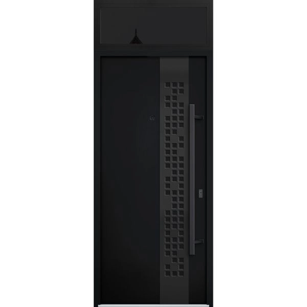 Front Exterior Prehung Steel Door / Deux 6078 Black Enamel / Transom Window Sidelite / Entry Metal Modern Painted W36" x H80+16" Left hand Inswing