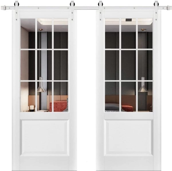 Sturdy Double Barn Door with | Felicia 3599 White Silk with Clear Glass | Silver 13FT Rail Hangers Heavy Set | Solid Panel Interior Doors