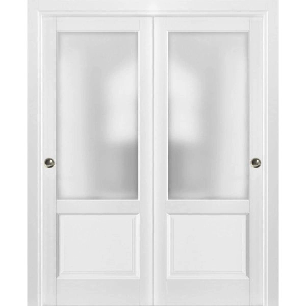Sliding Closet Bypass Doors | Lucia 22 White Silk with Frosted Glass | Sturdy Rails Moldings Trims Hardware Set | Wood Solid Bedroom Wardrobe Doors