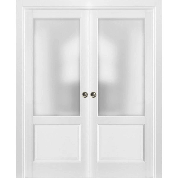 Sliding French Double Pocket Doors | Lucia 22 White Silk with Clear Glass | Kit Trims Rail Hardware | Solid Wood Interior Bedroom Sturdy Doors