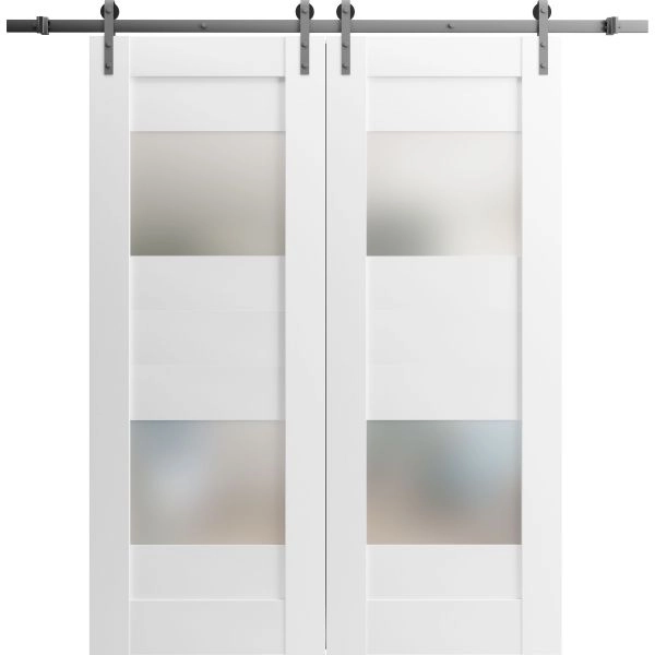 Modern Double Barn Door with 2 Lites / Sete 6222 / 13FT Rail Track Set / Solid Panel Interior Doors-36" x 80"