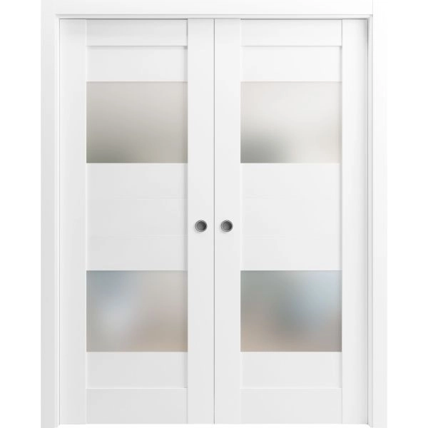 Sliding French Double Pocket Doors 36 x 80 inches Opaque Glass 2 Lites / Sete 6222 White Silk / Kit Rail Hardware / MDF Interior Bedroom Modern Doors