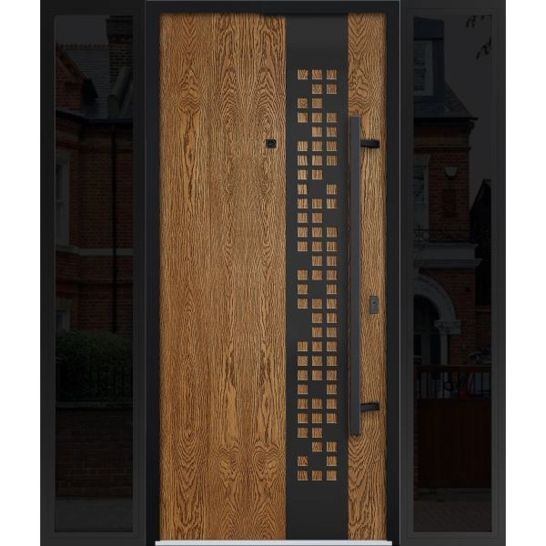 Front Exterior Prehung Steel Door / Deux 6678 Natural Oak / 2 Sidelight Exterior Windows Sidelites/ Entry Metal Modern Painted W12+36+12" x H80" Left hand Inswing
