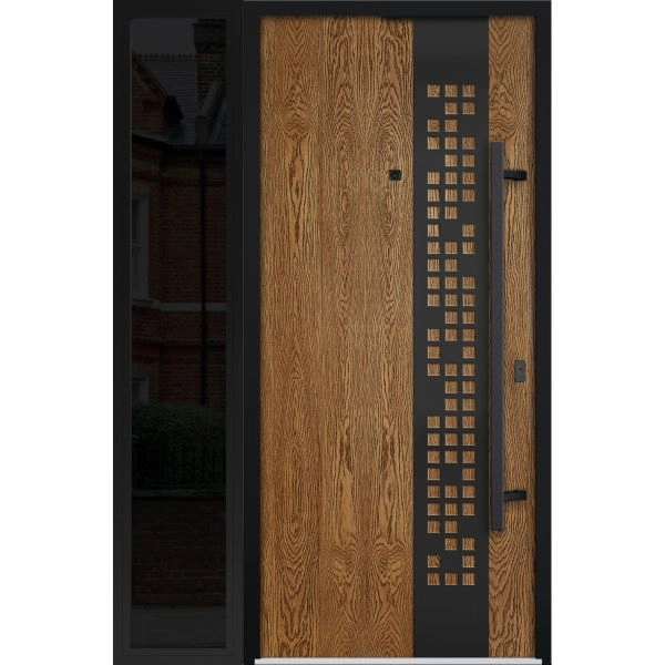 Front Exterior Prehung Steel Door / Deux 6678 Natural Oak / Sidelight Exterior Window Sidelite / Entry Metal Modern Painted W36+12" x H80" Left hand Inswing