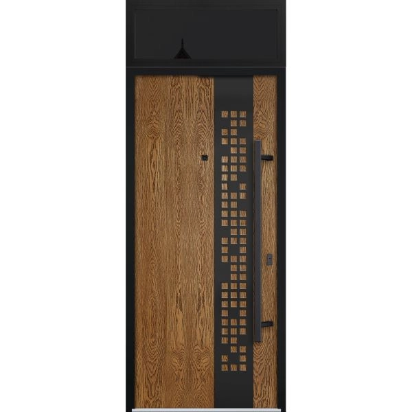 Front Exterior Prehung Steel Door / Deux 6678 Natural Oak / Transom Window Sidelite / Entry Metal Modern Painted W36" x H80+16" Left hand Inswing