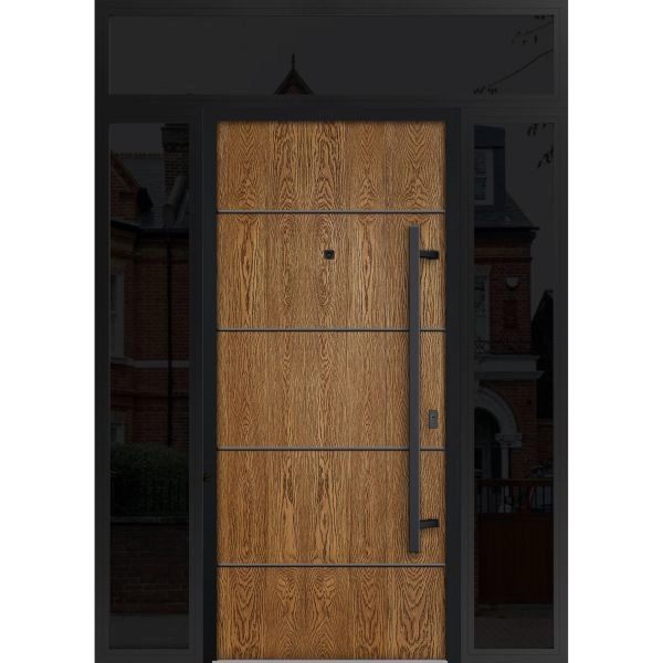 Front Exterior Prehung Steel Door / Deux 6683 Natural Oak / 2 Sidelight and Transom Window Sidelite / Entry Metal Modern Painted W12+36+12" x H80+16" Left hand Inswing