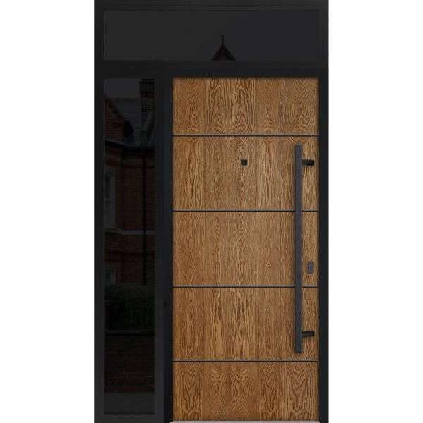 Front Exterior Prehung Steel Door / Deux 6683 Natural Oak / Sidelight and Transom Window Sidelite / Entry Metal Modern Painted W36+12" x H80+16" Left hand Inswing