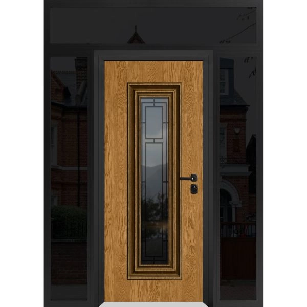 Front Exterior Prehung Steel Door / Ballucio 6644 Natural Oak / Black 2 Side and Top Exterior Window Sidelite / Entry Metal Modern Painted W12+36+12" x H80+16" Left hand Inswing