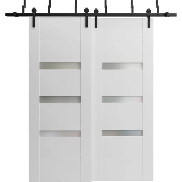 Sliding Closet Opaque Glass Barn Bypass Doors 36 x 80 inches / Sete 6900 White Silk / Modern 6.6ft Rails Hardware Set / Wood Solid Bedroom Wardrobe Doors 