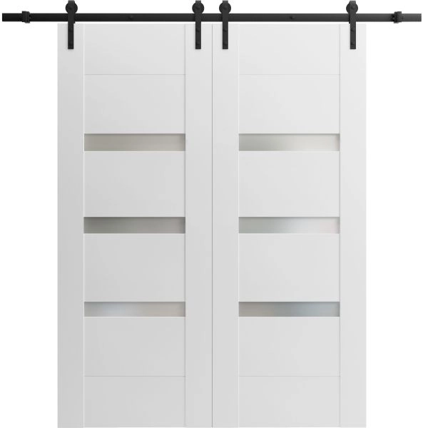 Modern Double Barn Door with 2 Lites / Sete 6900 / 13FT Rail Track Set / Solid Panel Interior Doors-36" x 80"