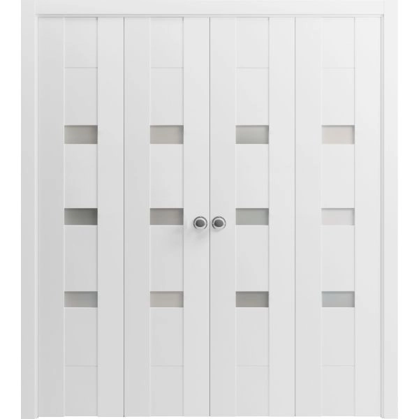 Sliding Closet Double Bi-fold Doors | Sete 6900 White Silk | Sturdy Tracks Moldings Trims Hardware Set | Wood Solid Bedroom Wardrobe Doors 