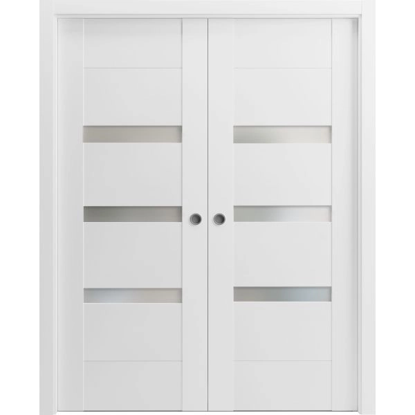 Sliding French Double Pocket Doors 36 x 80 inches Opaque Glass / Sete 6900 White Silk / Kit Rail Hardware / MDF Interior Bedroom Modern Doors
