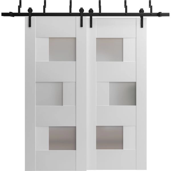 Sliding Closet Opaque Glass Barn Bypass Doors 36 x 80 inches / Sete 6933 White Silk / Modern 6.6ft Rails Hardware Set / Wood Solid Bedroom Wardrobe Doors 