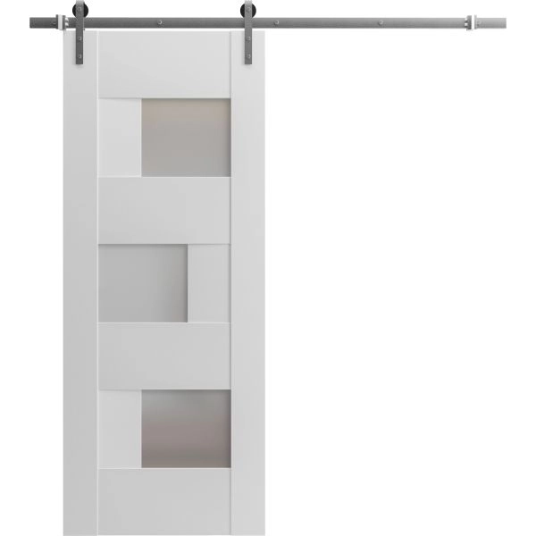 Modern Barn Door Opaque Glass / Sete 6933 White Silk / 6.6FT Rail Track Heavy Hardware Set / Solid Panel Interior Doors-18" x 80"