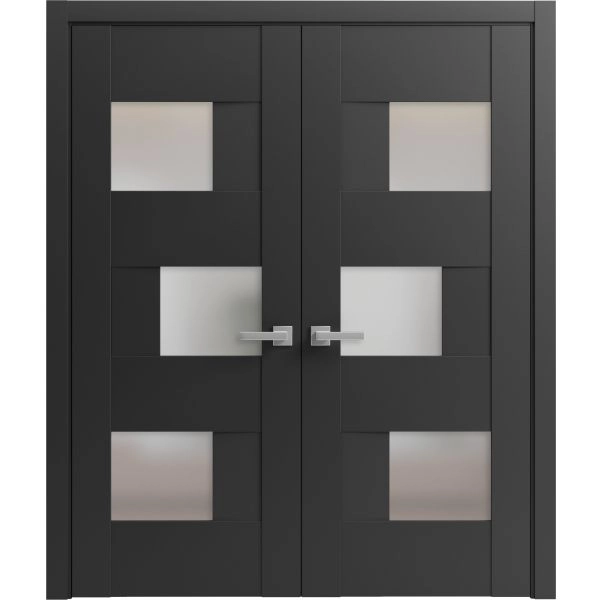 Solid French Double Doors Frosted Glass | Sete 6933 Matte Black | Wood Solid Panel Frame Trims | Closet Bedroom Sturdy Doors -36" x 80" (2* 18x80)